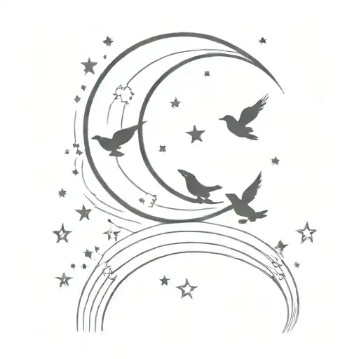 simple design, in the front three birds flying on a starry half moon night background  tattoo design idea
