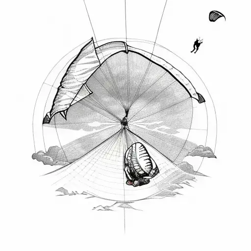 A minimalist tattoo of a paraglider and a backpack with the word 'adventure' tattoo design idea