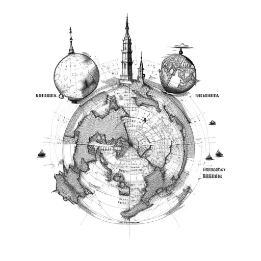 A map of the world with landmarks from different fantasy realms tattoo design idea