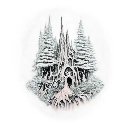 A group of role-playing game characters exploring a mystical forest tattoo design idea