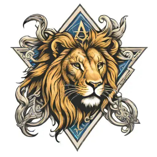 Create a tattoo design featuring traditional Freemason symbols intertwined with Leo the Lion  tattoo design idea