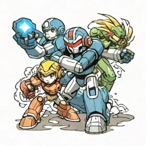 megaman, link and samus fighting there respected worst enemies tattoo design idea