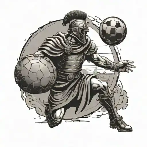 A Roman legionnaire holding a soccer ball instead of a shield, with a background of ancient ruins tattoo design idea