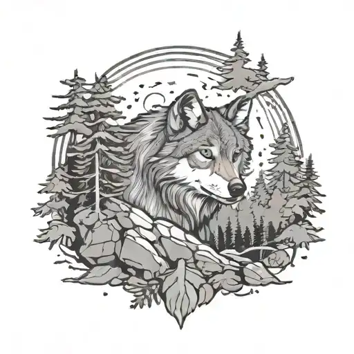 A wolf in a forest setting, with trees and rocks forming a border around it, reflecting your admiration for the beauty of nature and the strength of the wolf tattoo design idea