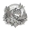 A wolf in a forest setting, with trees and rocks forming a border around it, reflecting your admiration for the beauty of nature and the strength of the wolf tattoo design idea