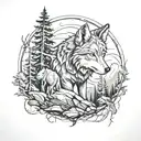 A wolf in a forest setting, with trees and rocks forming a border around it, reflecting your admiration for the beauty of nature and the strength of the wolf tattoo design idea
