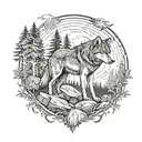 A wolf in a forest setting, with trees and rocks forming a border around it, reflecting your admiration for the beauty of nature and the strength of the wolf tattoo design idea