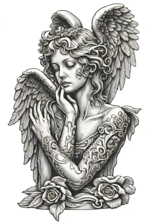 angel statue covering eyes with wings tattoo design idea