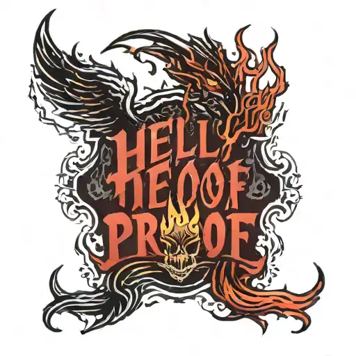 i want the word "hell proof" with a gradient dark red and black color effect with some flames around it in jagged fonts tattoo design idea