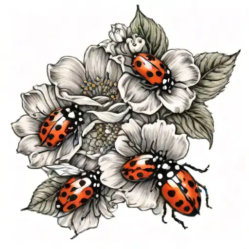 multiple flowers with no stems with lady bugs on the petal tattoo design idea