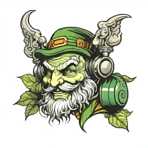leprechaun wearing headphones and listening tattoo design idea