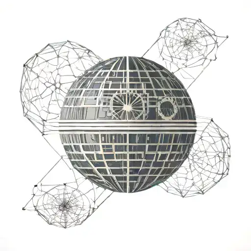 A minimalist geometric design of the Death Star with intricate dotwork detailing tattoo design idea