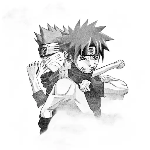 A black and grey portrait of Naruto and Sasuke locked in a fierce battle, with their respective powers emanating from them tattoo design idea