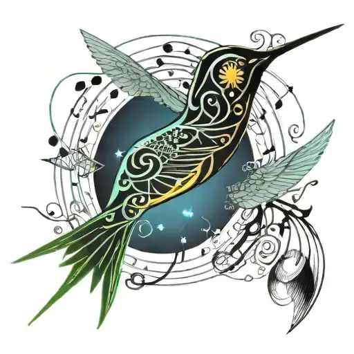 Tattoo design: A whimsical hummingbird created from delicate treble clefs and musical notes, its wings fluttering to the tattoo design idea