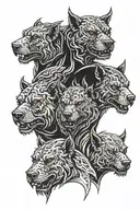 Ceberus with 1 young head, 1 middle age head, and 1 old 1-eye head tattoo design idea