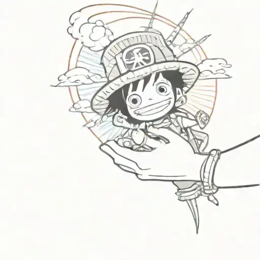 A whimsical tattoo of a cute cartoon character from One Piece holding hands with a sun, set against a backdrop of French landmarks and rainbow-colored waves, symbolizing the client's love for the anime, France, and the LGBTQ community tattoo design idea