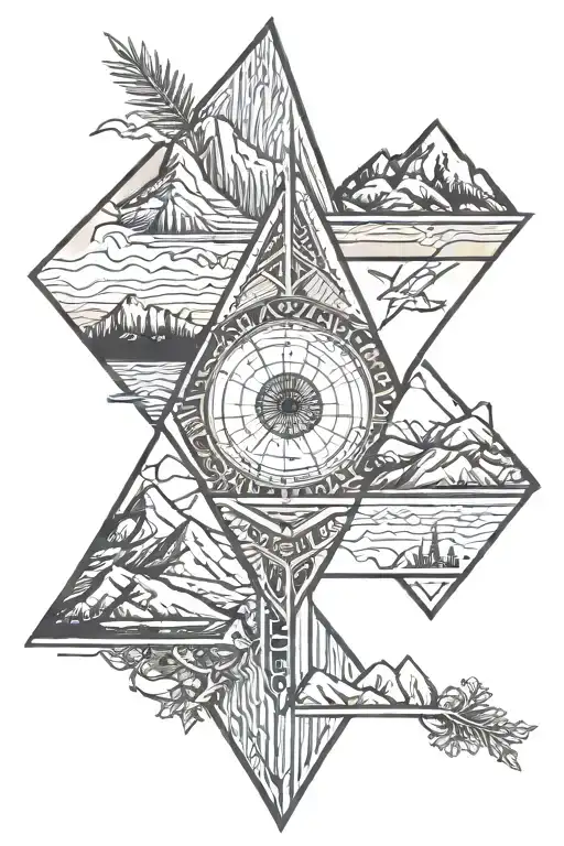 arrow with Himalayan mountains and Brecon beacons. inside the arrow head is the eye from a stupa in Nepal tattoo design idea