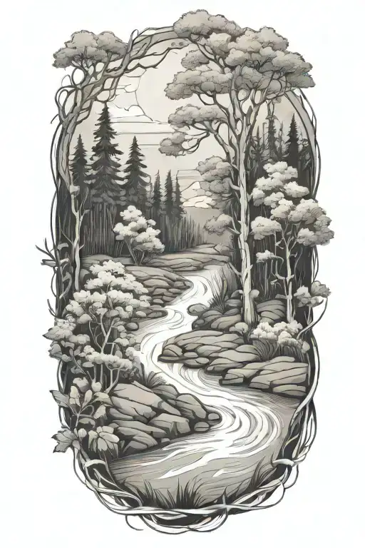river flowing through trees tattoo design idea