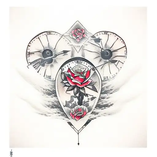 Tattoo with black Roses, a broken heart, a clock broken, japonese style, a child growing into a strong man tattoo design idea