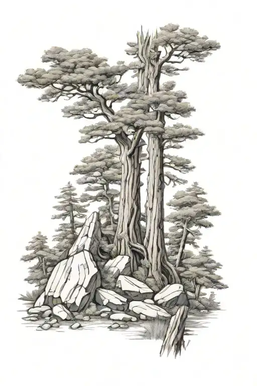 redwood tree on boulders calf sleeve  tattoo design idea