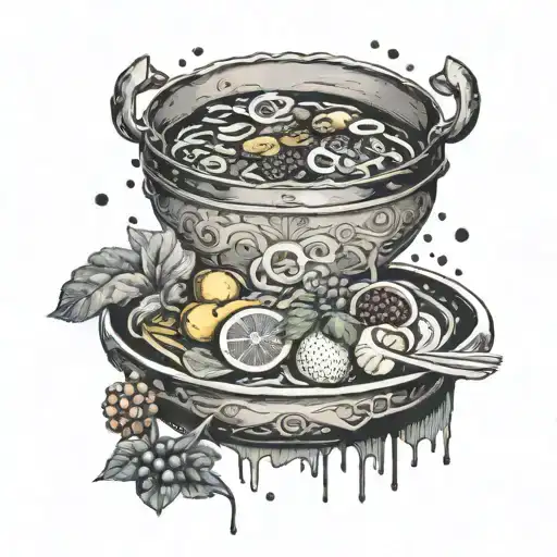 A tattoo inspired by the video game Elden Ring, incorporating Asian food elements to represent your favorite cuisines tattoo design idea