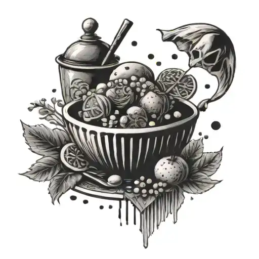 A tattoo inspired by the video game Elden Ring, incorporating Asian food elements to represent your favorite cuisines tattoo design idea