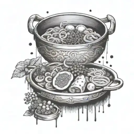 A tattoo inspired by the video game Elden Ring, incorporating Asian food elements to represent your favorite cuisines tattoo design idea