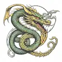 dragon eating its tail like an ouroboros. a sword going through it to make it look like a power button. tattoo design idea