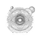 A cosmic symphony of music notes orbiting a planet tattoo design idea