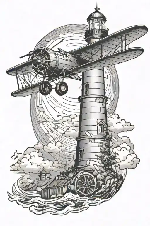 lighthouse and biplane flying tattoo design idea