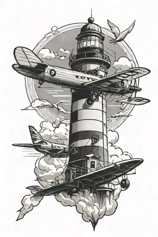 light lighthouse with one biplane flying infront of it  tattoo design idea