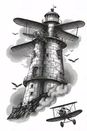 lighthouse with one biplane flying infront of it  tattoo design idea