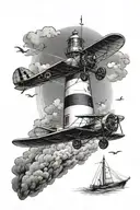 lighthouse with one biplane flying infront of it  tattoo design idea
