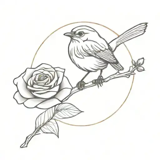 robin perched on a rose with a sunset in the back tattoo design idea
