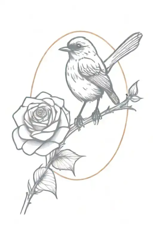 robin perched on a rose with a sunset in the back tattoo design idea