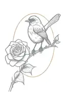 robin perched on a rose with a sunset in the back tattoo design idea