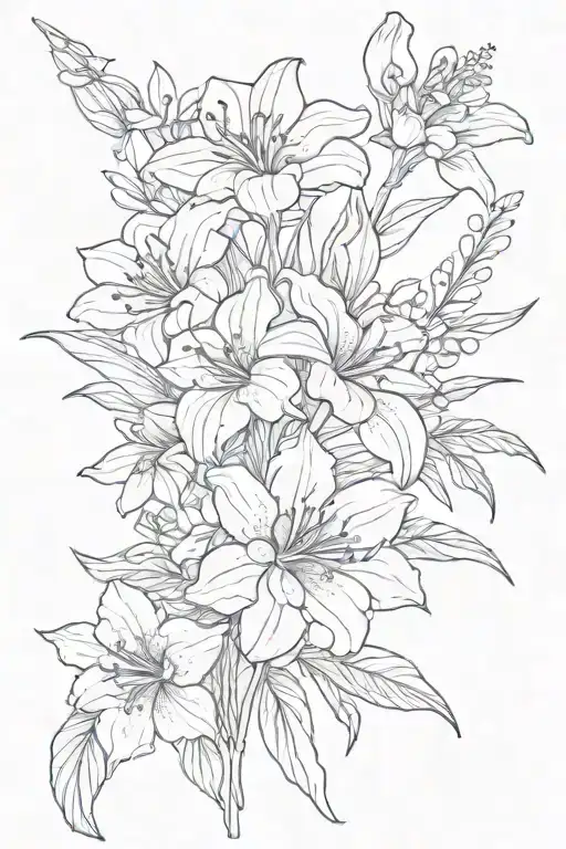 minimalist flower bouquet with 1 lily 1 camellia 1 gladiolus 1 iris and some twigs 13 cm high in fineline tattoo design idea