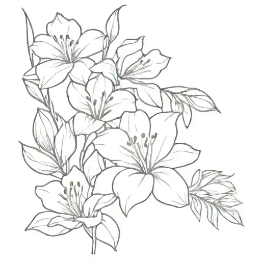 minimalist bouquet of 4 flowers with 1 lily 1 camellia 1 gladiolus 1 iris and some twigs 13 cm high fine lines tattoo design idea