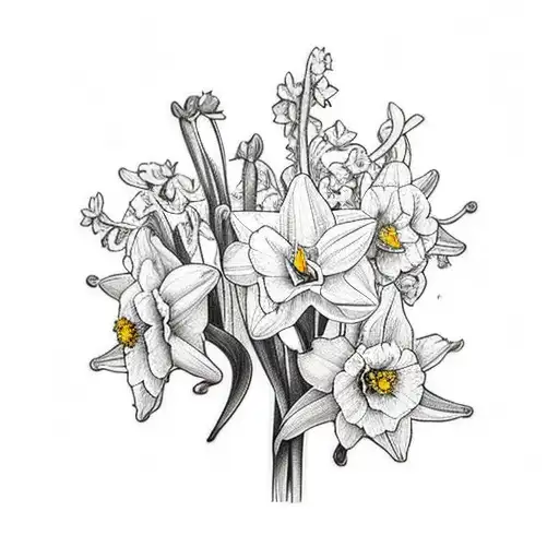 bouquet of a daffodil, delphinium, morning glory, marigold, and paper white narcissus tattoo design idea