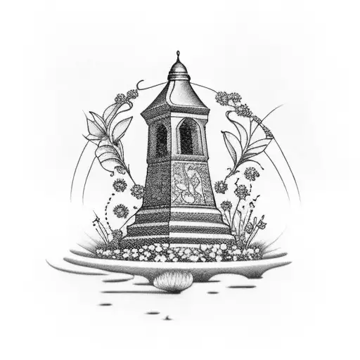 A bell tower surrounded by blooming flowers tattoo design idea