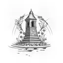 A bell tower surrounded by blooming flowers tattoo design idea