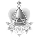 A bell tower surrounded by blooming flowers tattoo design idea