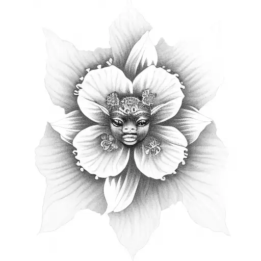 Santeria goddess Oshun depicted as a hibiscus flower with black-grey shading tattoo design idea