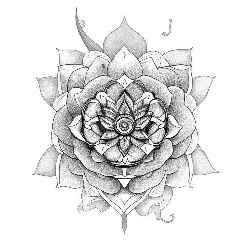 Santeria goddess Yemaya surrounded by lotus flowers in a black-grey style tattoo design idea