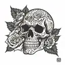 flaming skull with roses   tattoo design idea