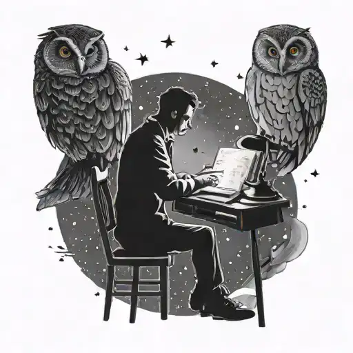 Create a silhouette of a writer at a desk, surrounded by flying owls and a starry night sky tattoo design idea