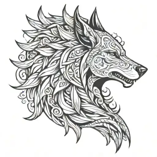 viking and greek mythology , fenrir , crow , girl face , life  tattoo design idea