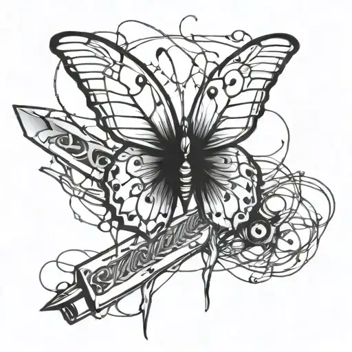 Butterfly with a knife, barbed wire wrapped loosely tattoo design idea