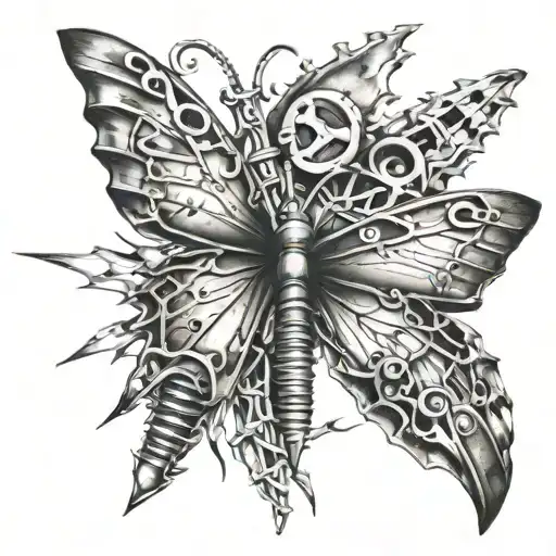 Butterfly, knife, barbed wire wrapped, Light shinning tattoo design idea