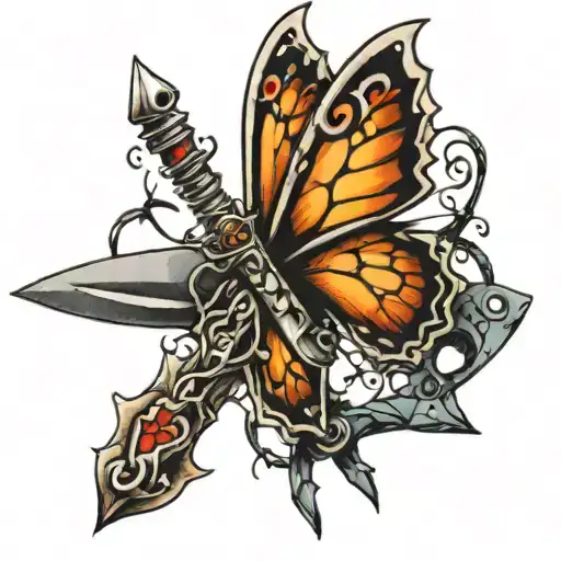 Butterfly, knife, barbed wire wrapped tattoo design idea